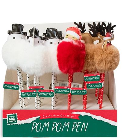 Display Of 24x Christmas Pom Pom Pens, In Assorted Festive Designs