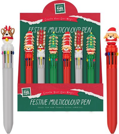 Display Of 24x Festive Multi Colour Pens, In Assorted Festive Designs